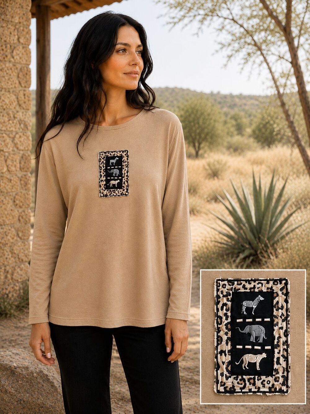 Mountain Lake Womens L Tan Animal Safari Zebra Elephant Leopard Long Sleeve Top